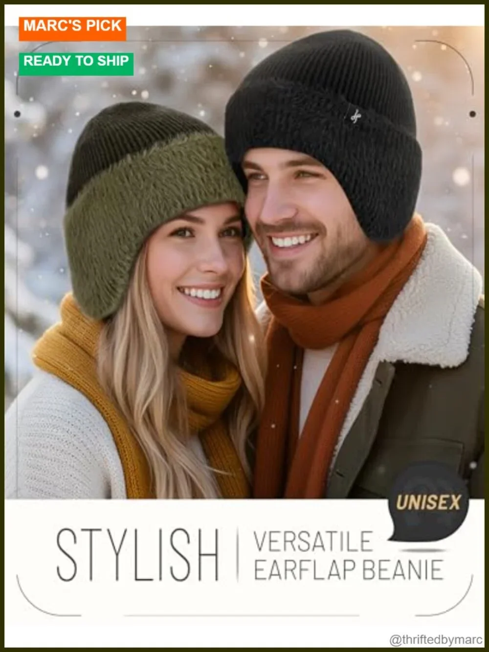 Fleece-Lined Beanie with Earflaps, Windproof Winter Hat for Skiing